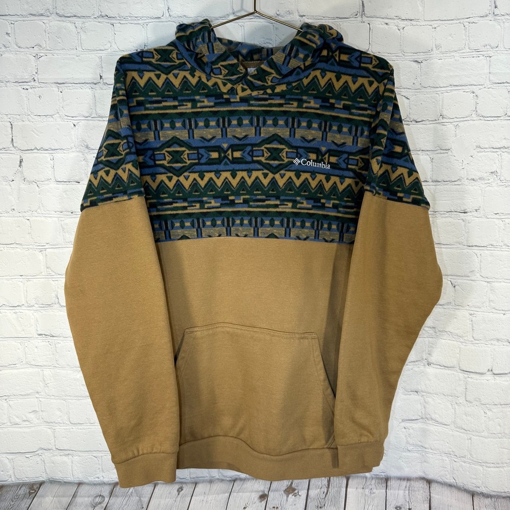 Columbia Mens Aztec Geometric Fleece Colorblock Hoodie Brown AM8897 Small